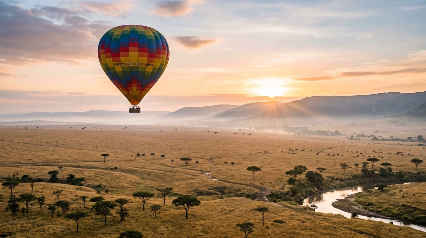 Hot air balloon over the savanna at sunrise
