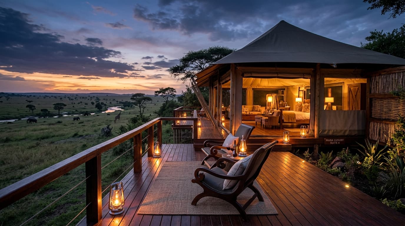 Tented safari camp at dusk